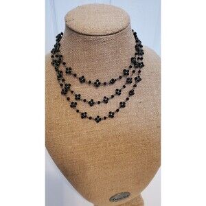 Three Strand Wire Wrapped Black Stone Necklace Flower Clover Beads Adjustable